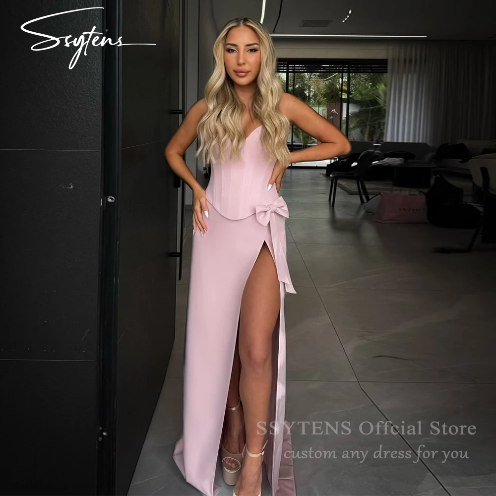 

SSYTENS Modest High Slit Satin Prom Dresses Pink Mermaid With Bow Wedding Party Dress Corset Back Vestidos Para Mujer Customized