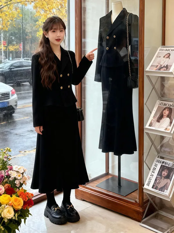 

Black Luxury Short Suit Jacket And Fish Tail Skirt Set Elegant Korean Drama Style Two Piece Women's Fashion Autumn Outfit