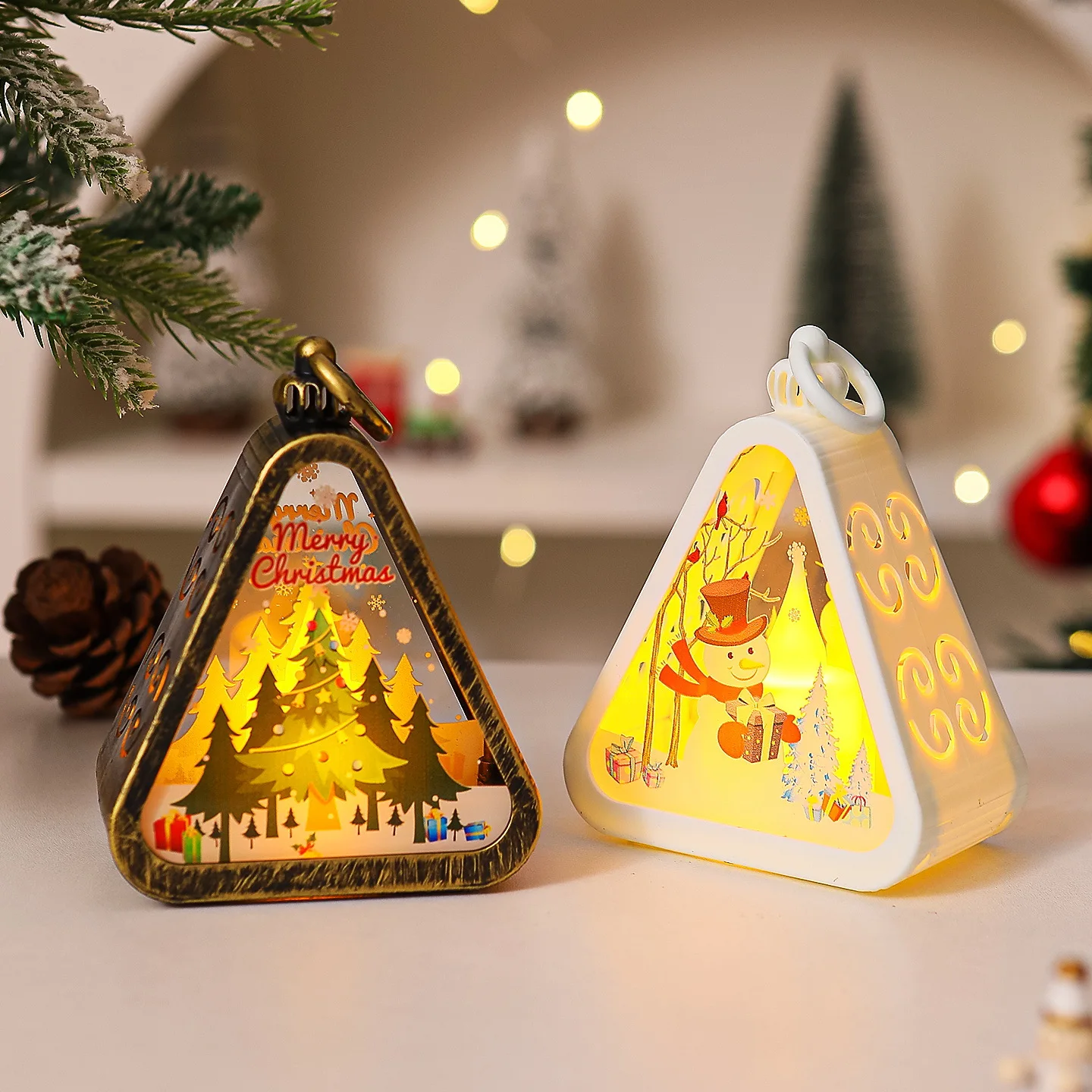 مصغرة عيد الميلاد LED مثلث فانوس سانتا كلوز ثلج مهرجان مصباح داخلي الجدول الحلي مشهد الحفلات الدعائم ديكور المنزل #4