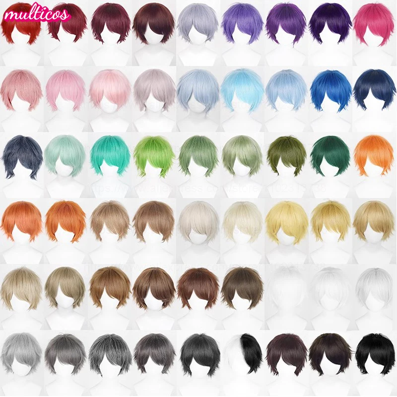 

30cm Short Straight Anime Cosplay Wig Black White Green Brown Purple Blue Gray Red Pink Gold Heat Resistant Synthetic Hair Wigs