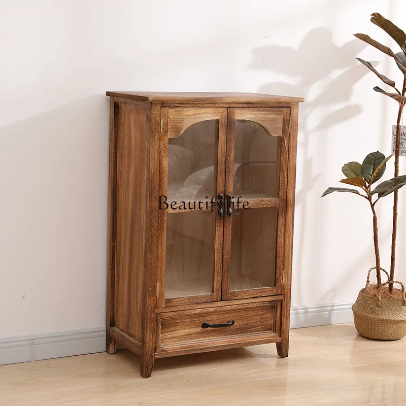

02 American-style Solid Wood Wine Cabinet Multi-functional Living Room Wall-mounted Vintage Storage Cabinet