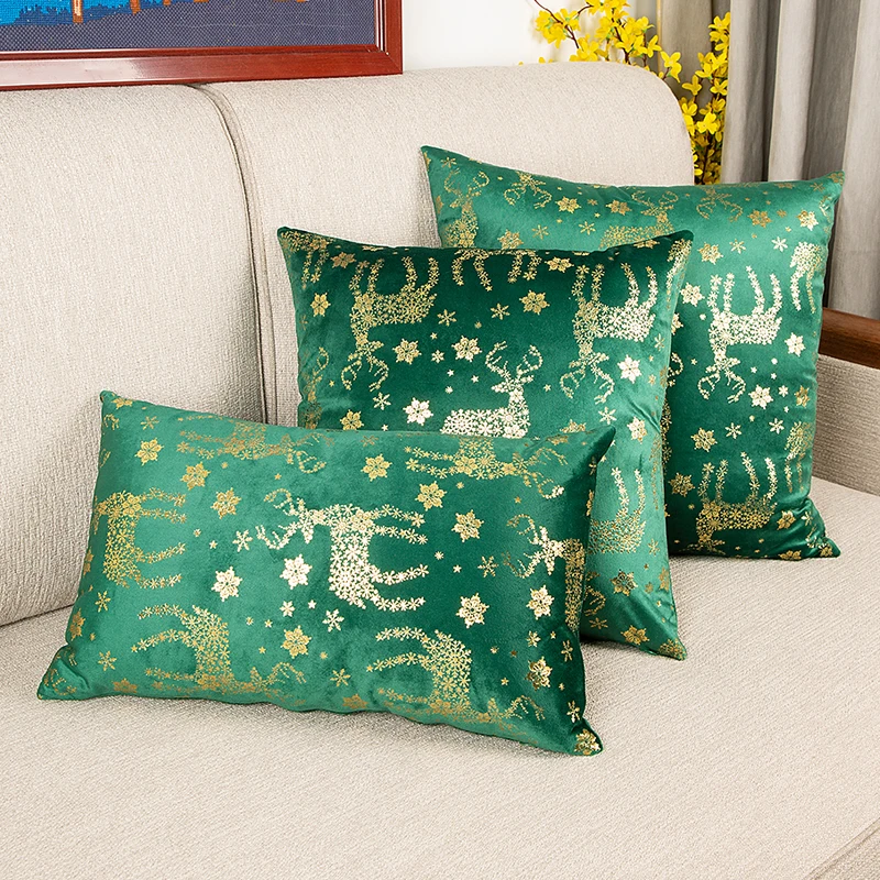 

Gold Stamping Cushion Cover Christmas Decoration Deer Snowflake 30x50cm 45x45cm 50x50cm Red Green Soft Pillow Cover Velvet