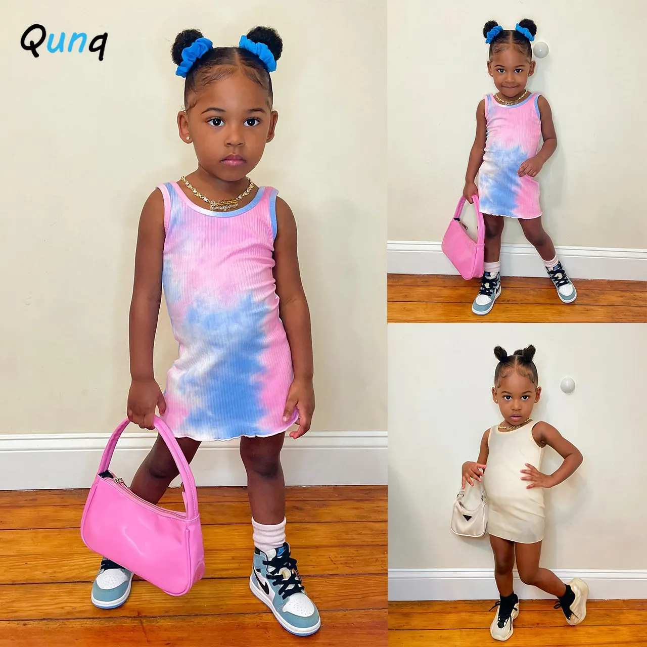 Qunq 2023 Summer New Girls O-Neck Sleeveless Tie-Dye Lovely Vest Mini Dress Fashion Street Casual Sporty Kids Clothes Age 3T-8T