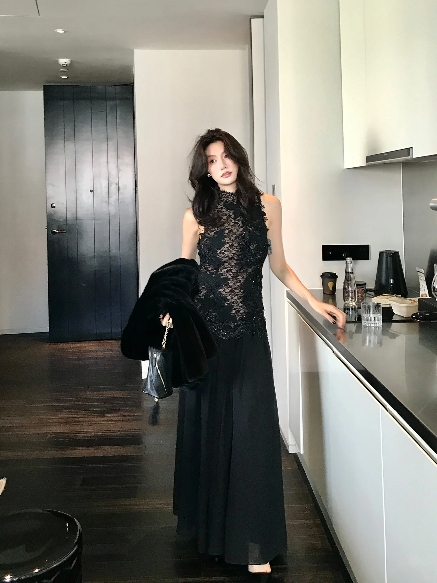 

Long Lace Dress Embroidered Glitter Women's Elegant Slimming Black Dress Summer Atmosphere Sense K455 French Style Sleeveless...