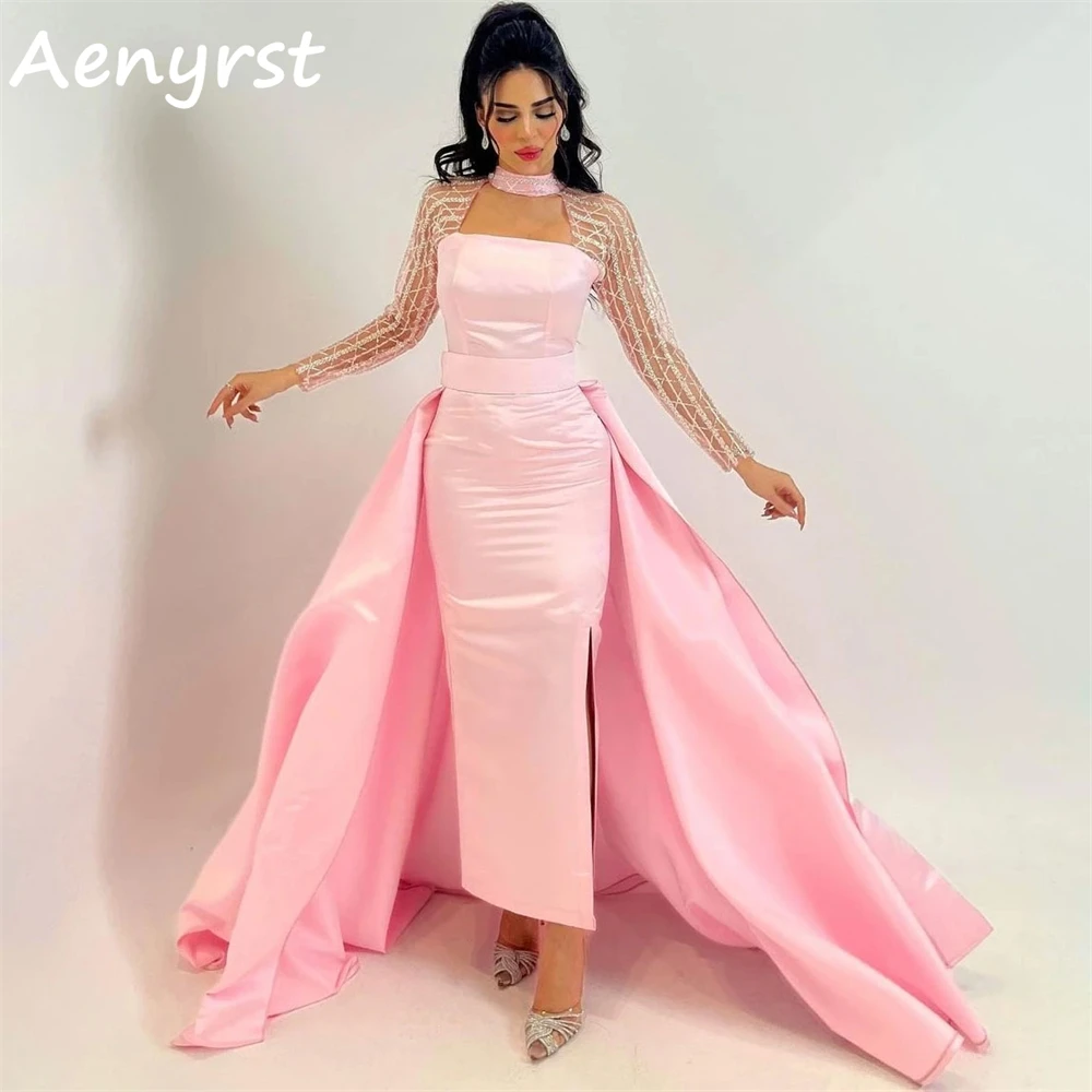 

Aenyrst Pink Long Sleeve Satin Saudi Arabia Prom Dresses Mermaid Detachable Train Evening Gowns Ankle Length Dinner Party Dress