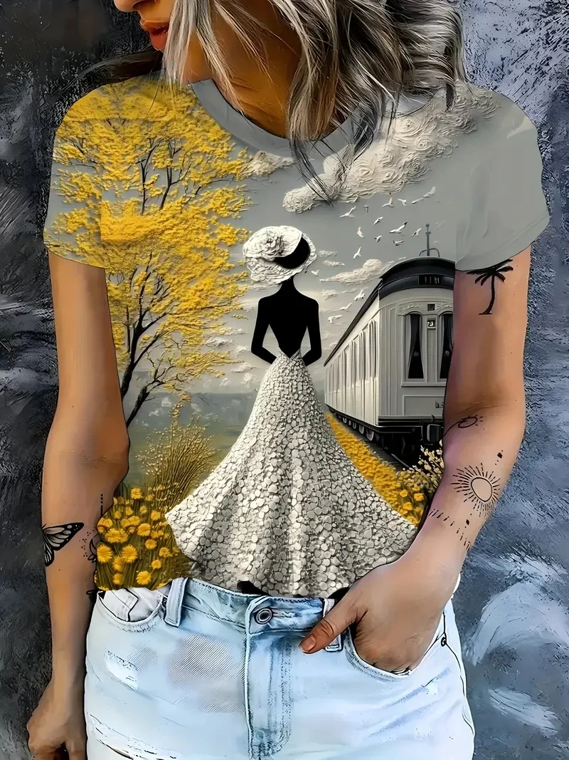 

Женская футболка больших размеров с короткими рукавами и 3D элегантным ретро-пейзажным принтом, свободная и повседневная, мягкая, удобная и дышащая