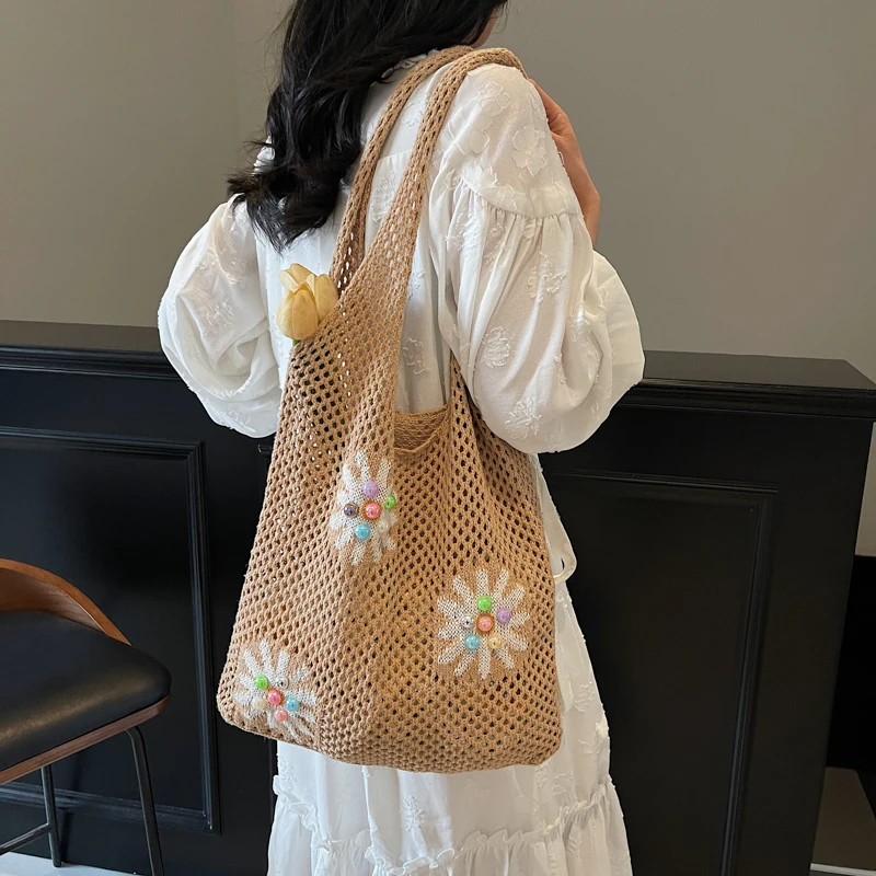 

Вязаная крючком сумка-тоут для женщин, сетчатая пляжная летняя сумка на плечо, сумка с регулируемым ремешком, большая вместительная сумка-хобо для путешествий и отпуска