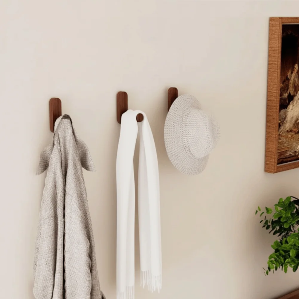Multi-Purpose Nordic Style Wood Wall Hooks No-drill Space Saving Mounted Hooks Self Adhesive Key Holder Home Storage Use