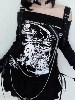 เสื้อผู้หญิงฤดูใบไม้ผลิ 2025 สาวGoth Punk Offไหล่เสื้อแขนยาวสีดําสบายๆวินเทจเซ็กซี่Streetwear Skulls Top