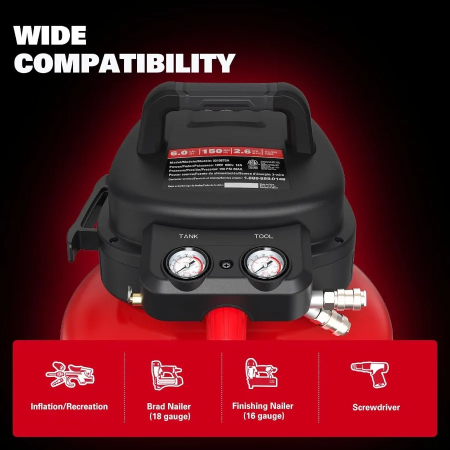 ضاغط هواء محمول 6 جالون 150 رطل لكل بوصة مربعة خزان فطيرة خالية من الزيت مع 10 قطعة مجموعة ملحقات لمشاريع DIY تضخيم آلام الإطارات