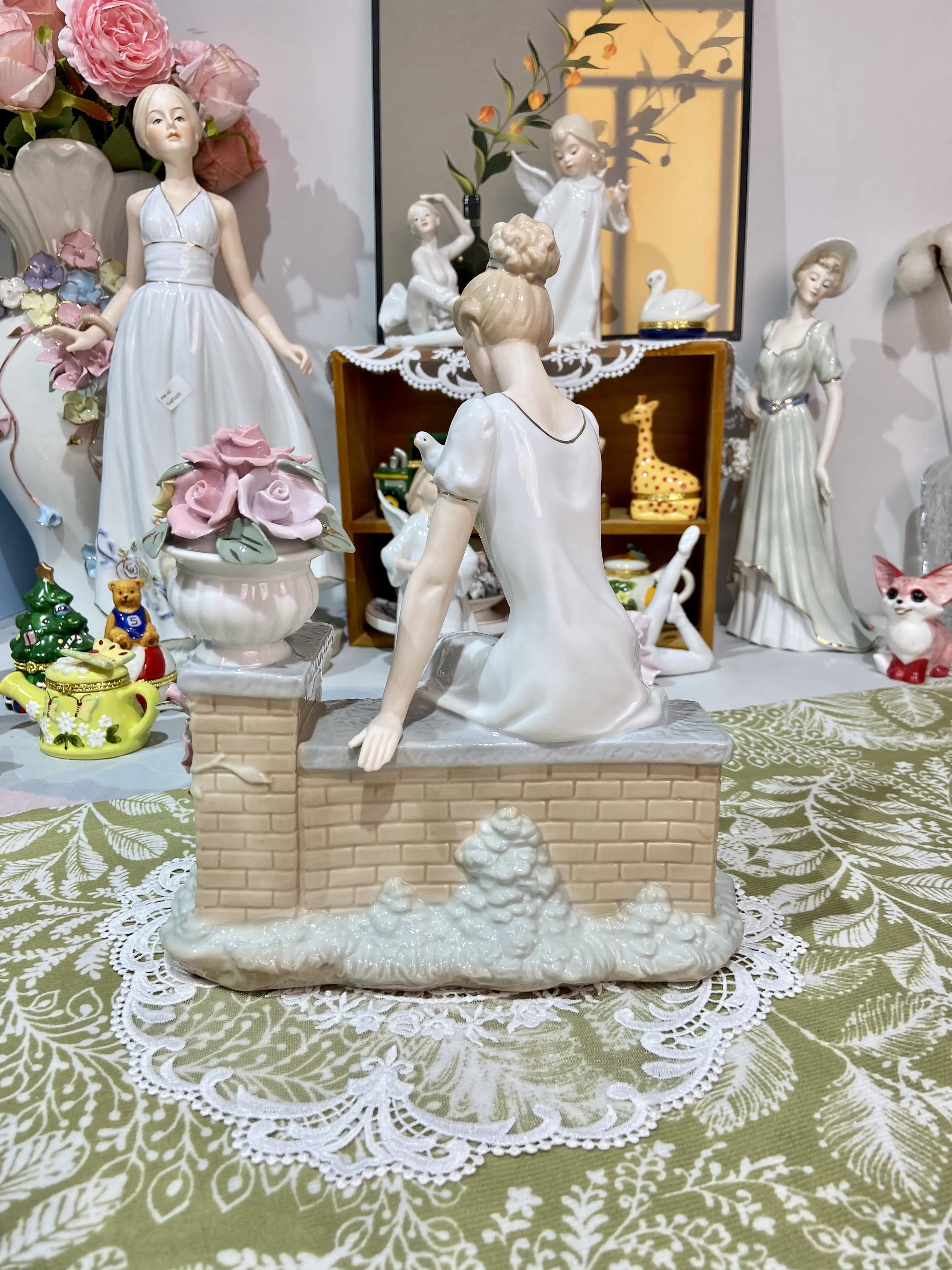 Vintage Porcelain Lady Figurine with White Dove & Flower Vase Elegant Sitting Girl Ceramic Statue Home Living Room Decoration view 4