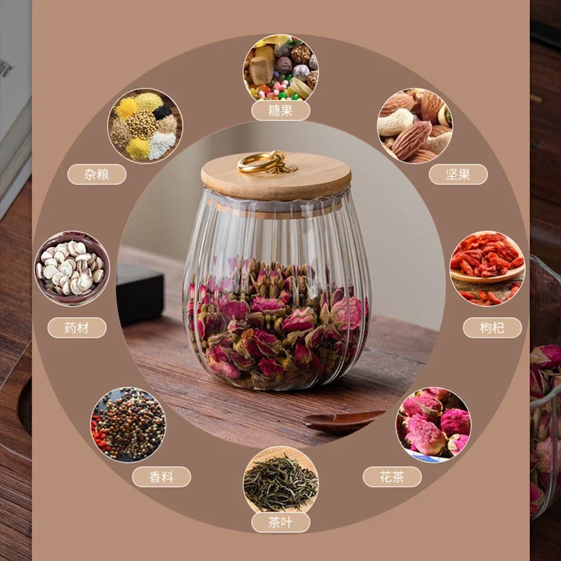 Wood Lid Glass Airtight Canister Kitchen Storage Bottles Jar Food Container Grains Pu\'er Tea Can Coffee Beans Candy Jars