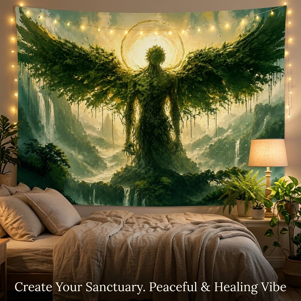 Large Forest Angel Tapestry Wall Hanging Bohemian Nature Art Spiritual Decor Boho Waterfall Scene Aesthetic Living Room Canvas P