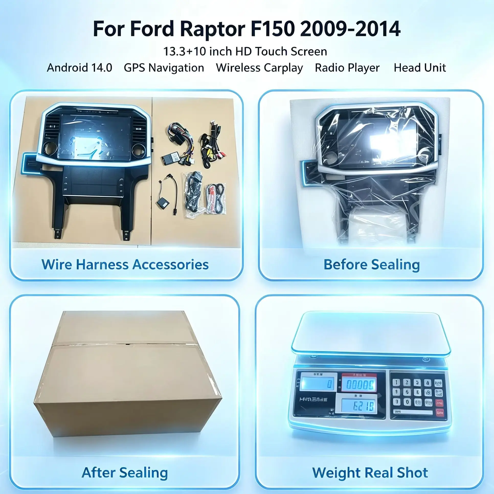 Navigation Wireless Carplay Radio Player Head Unit 13.3+10 inch HD Touch Screen Android 14.0 For Ford Raptor F150 2009-2014 GPS