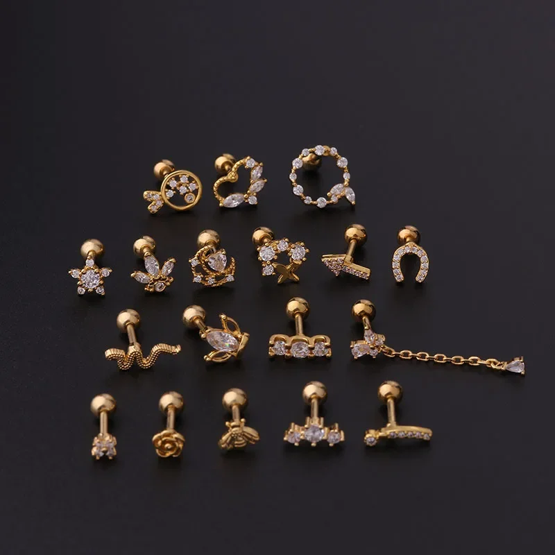 36pcs/lot  Stainless Steel Ear Stud Bone Nail Zircon Pierced Earring Screw Twist Ball 16G Heart Star Flower CZ Gem