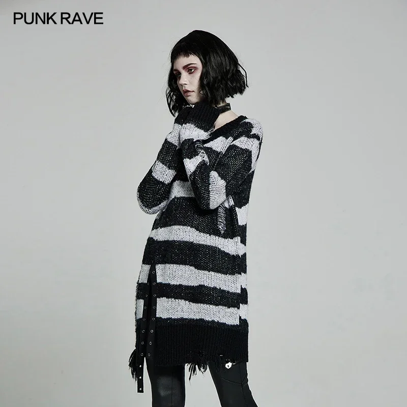 PUNK RAVE Women's Gothic Daily Long Sleeve Pullover Sweater Personality Irregular Striped Worn-out Mid-length Knit Tops