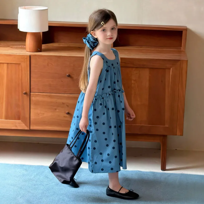 Girl Cotton Blue Polka Dot Children Kid Clothes Halter Neck Tank Priness Dress 26 Spring Summer Baby Strap Toddler 3-12 Years