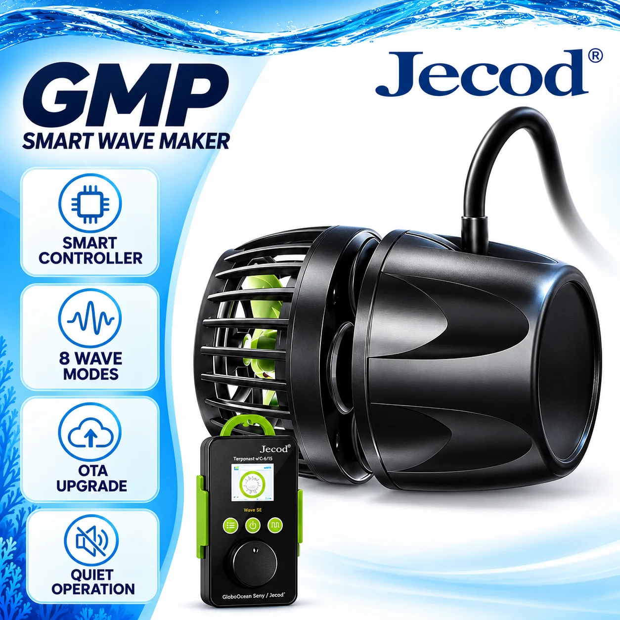 Jecod Jebao GMP Aquarium-Wellenpumpe mit Smart-Controller, 8 Wellenmodi, OTA-Upgrade, leiser Betrieb für Salzwasser-Riffaquarien