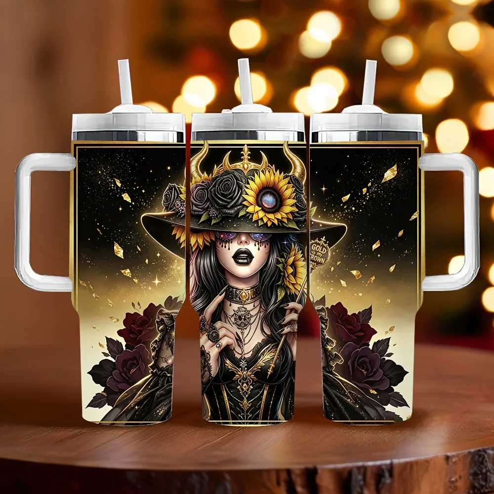40Oz Insulated Tumbler with Handle, Printed with Gothic Witch Sunflower And Rose, Perfect As Holiday Birthday Gift, Suitable for Daily Use And Outdoor Scenes, with Long-Lasting Heat Preservation, for Halloween