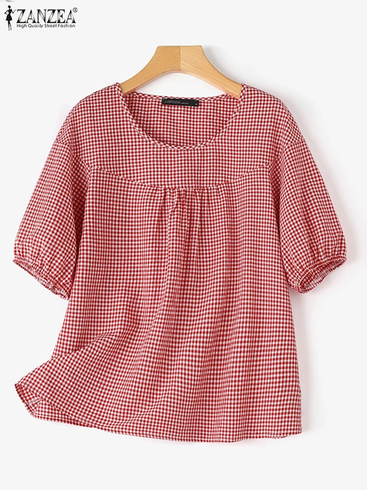 ZANZEA Vintage Gingham Blouses Women Casual Half Lantern Sleeve O Neck Smock Tops 2025 Summer Daily Checked Seamed Blusas Mujer