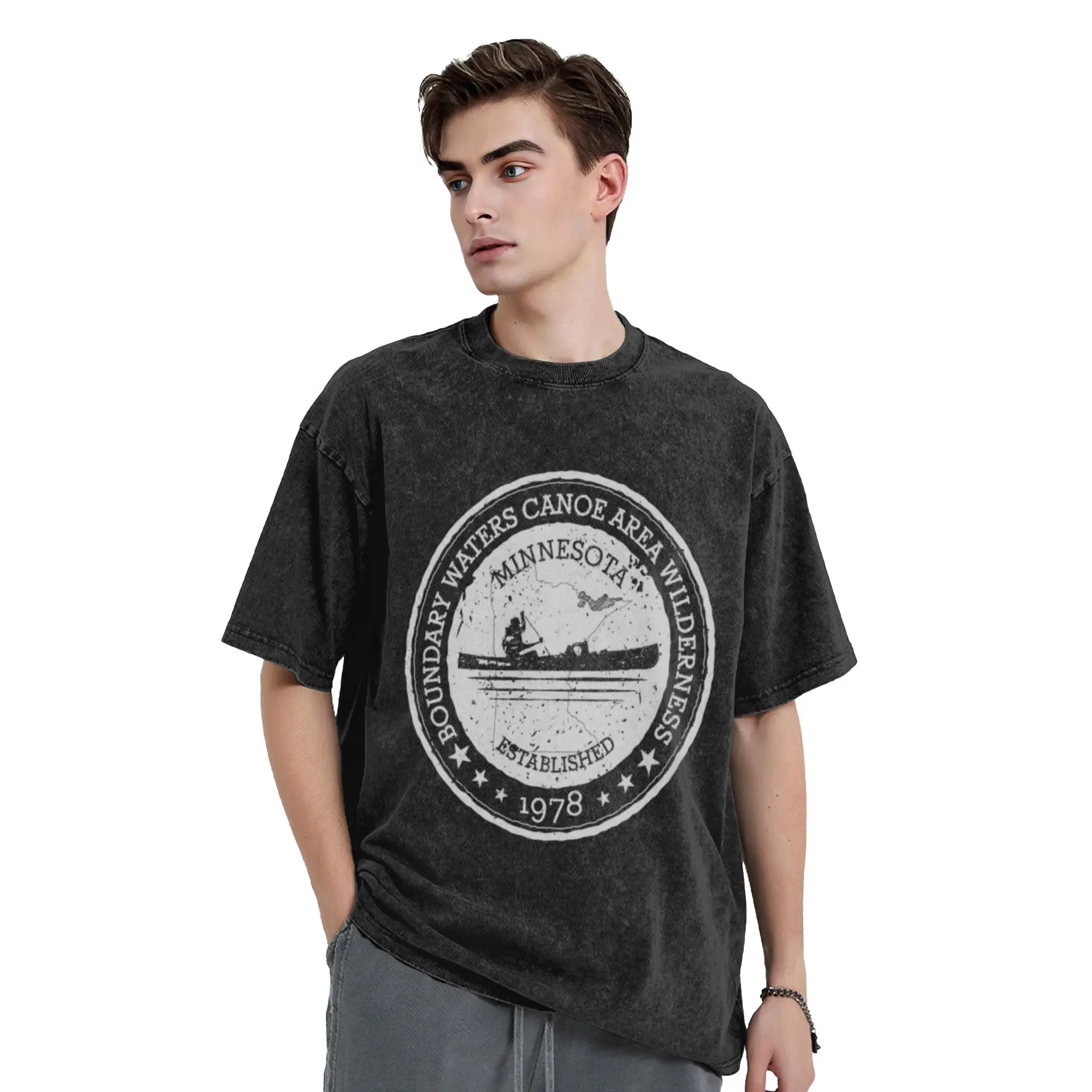 Minnesota Boundary Waters Vintage Style Stamp - White  Unique Chic A Washed T Shirt Men's Women's Oversized Cotton Tees Tops