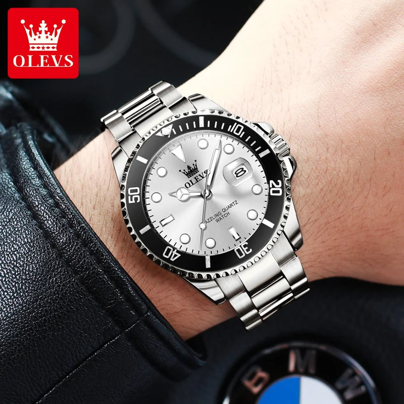 OLEVS 5885 reloj de negocios para hombres, reloj de cuarzo de buceo, reloj Original de lujo de acero inoxidable resistente al agua luminoso con fecha automática para hombres