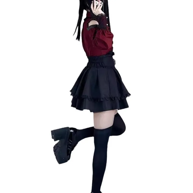 Jirai Kei الزي لوليتا الفتيات بلوزة المرأة طويلة الأكمام قميص Kawii القوس التنانير السوداء قمصان Y2K الحلو اليابانية سيدة نمط مجموعة