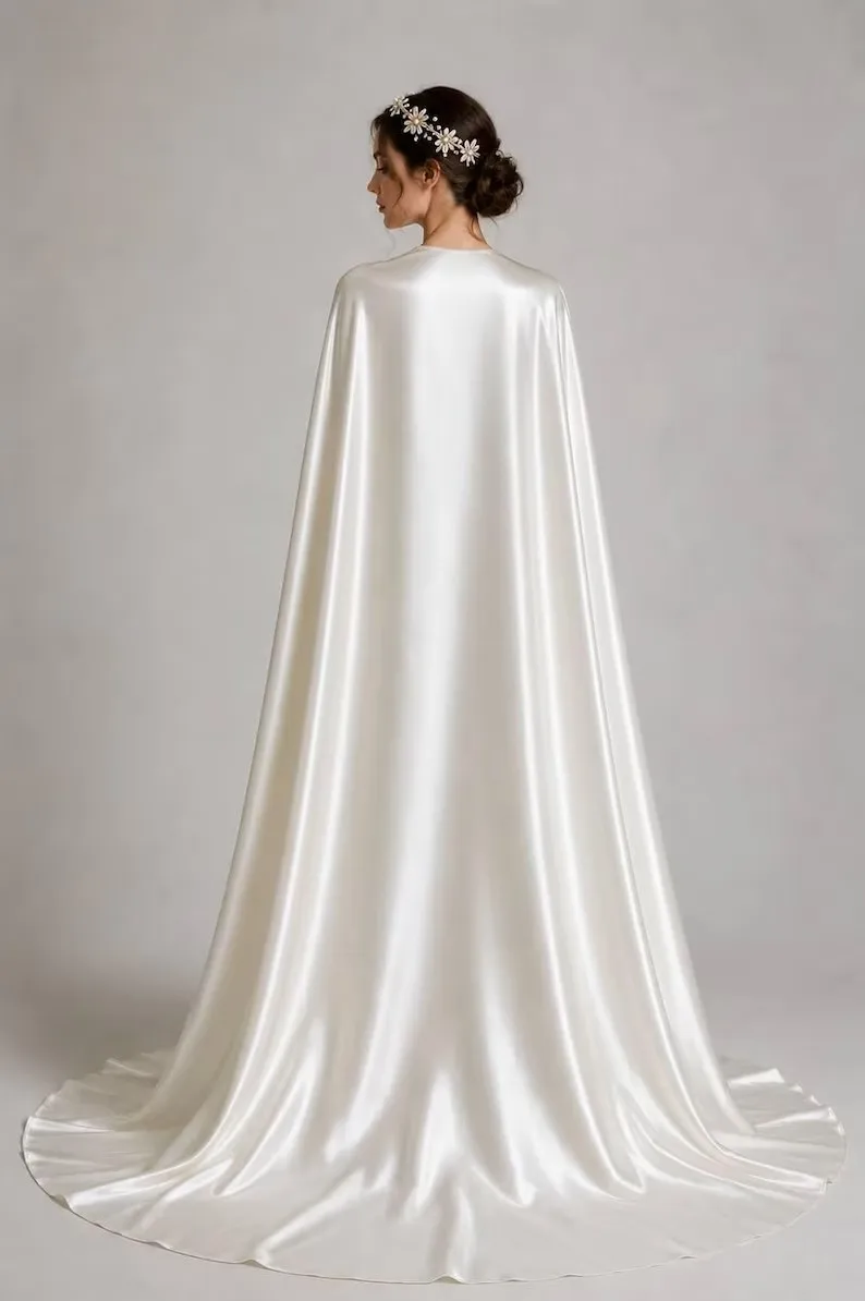 Customized Ivory Pure Luxury Satin Bridal Cape Minimalist Long Wedding Cover Up Bride Shawl Elegant Accessory