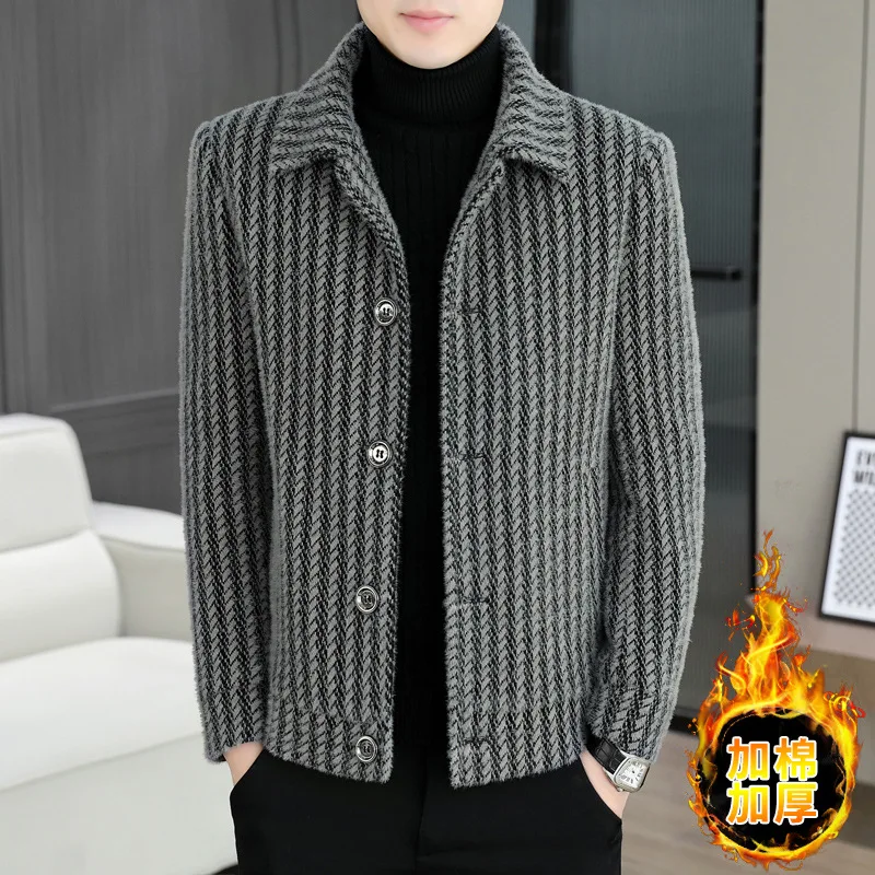 

2025 Men's new autumn and winter, versatile plush thick striped woolen coat