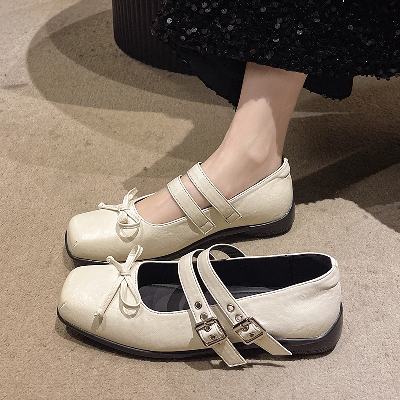 

New Style Women's Square Toe Shoes Luxury Bow Flats Ladies Ballet Silver Belt Buckle Footwear Elegant Fashion Mary Jane Shoes