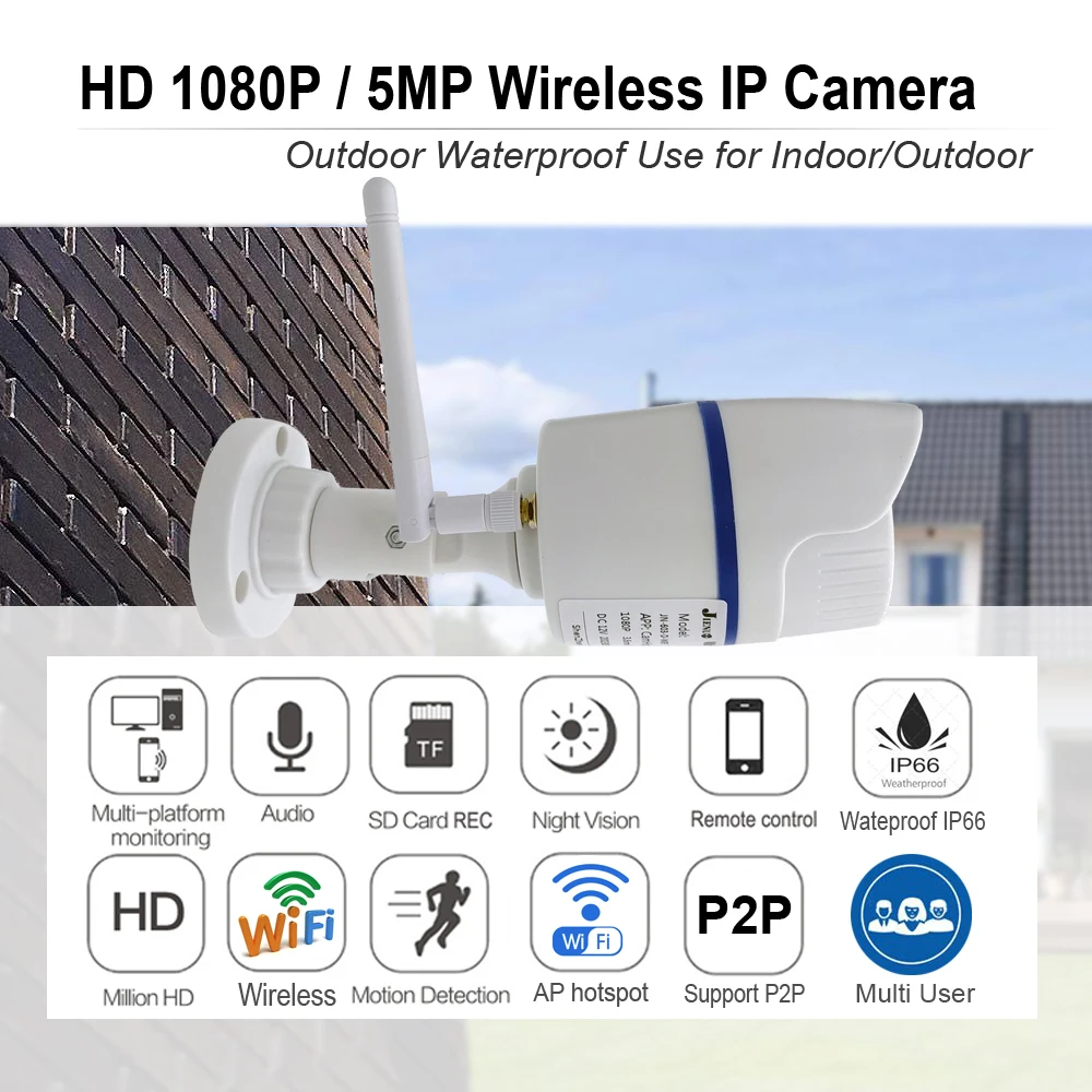 JIENUO kamera IP 5MP Wifi, Kamera Cctv putih tahan air luar ruangan, pengawasan keamanan nirkabel Onvif 1080P jaringan HD rumah