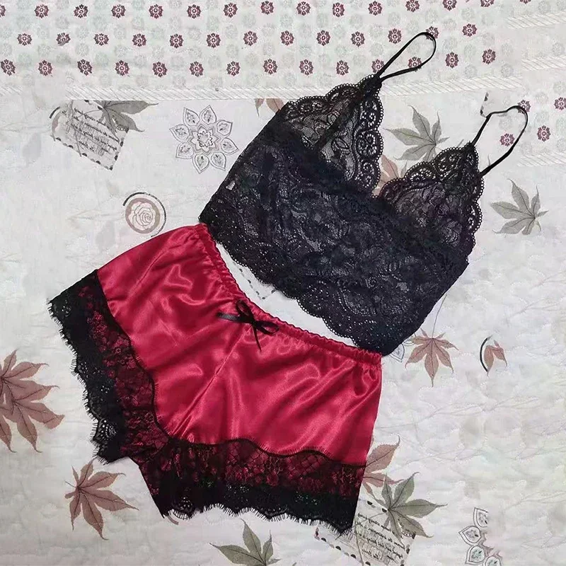Sexy Damen Spitze Nachtwäsche Spitze Nachthemd Dessous ärmellose V-Ausschnitt Babydoll Pyjamas Set Dessous Tops Shorts Set Nachtwäsche