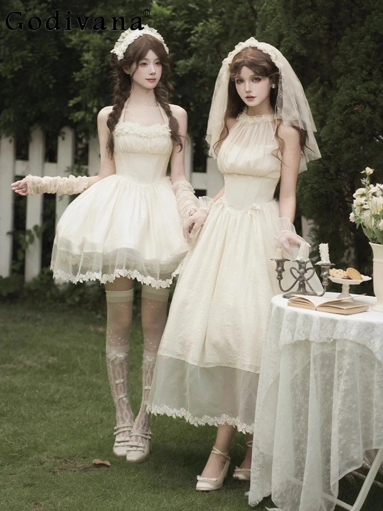 

French Elegant Retro Halter Long Dress Set JSK Women's Girl's Sweet High Waist Slim Lolita Princess Dresses Vestidos De Mujer