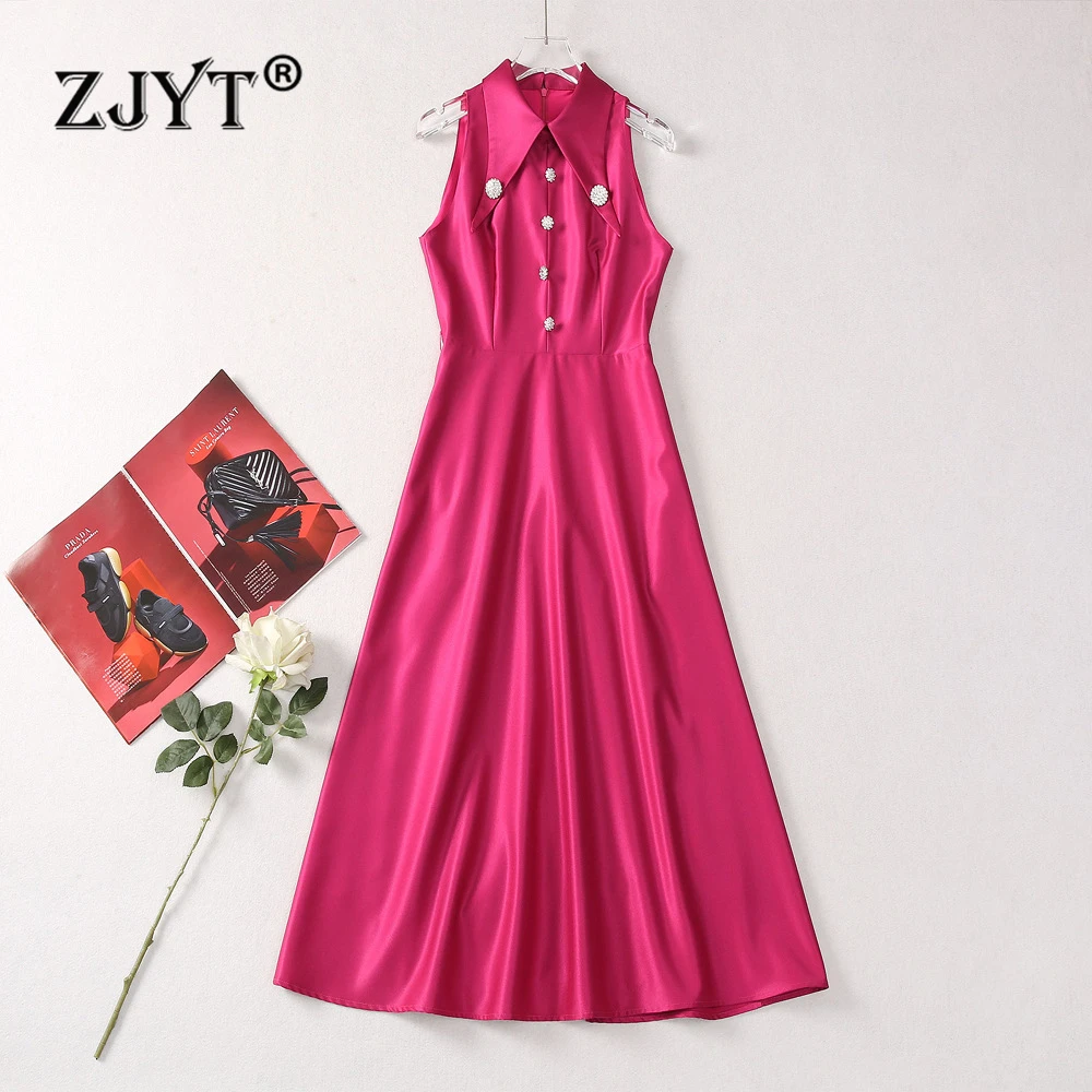 

ZJYT Elegant Evening Party Dresses Women Designer Lapel Collar Sleeveless Diamonds Buttons Mid Calf Dress Summer Clothes Vestido