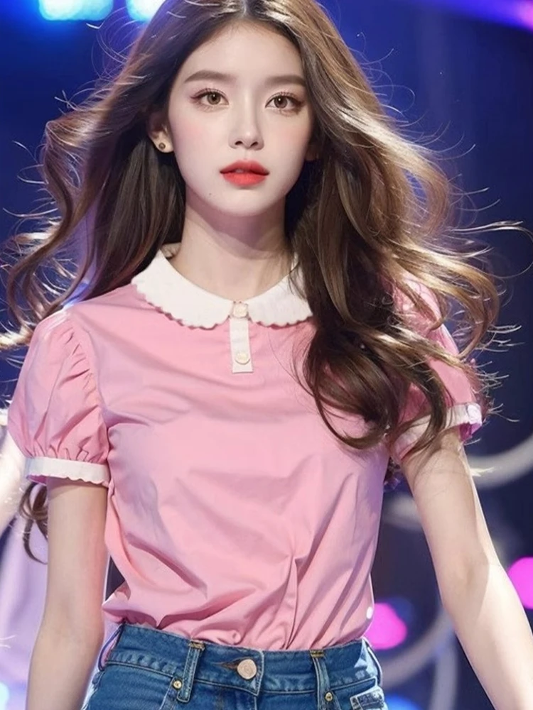 

Новая летняя женская шелковая блузка с милым воротником-куклой, розовая, короткий рукав, корейская версия