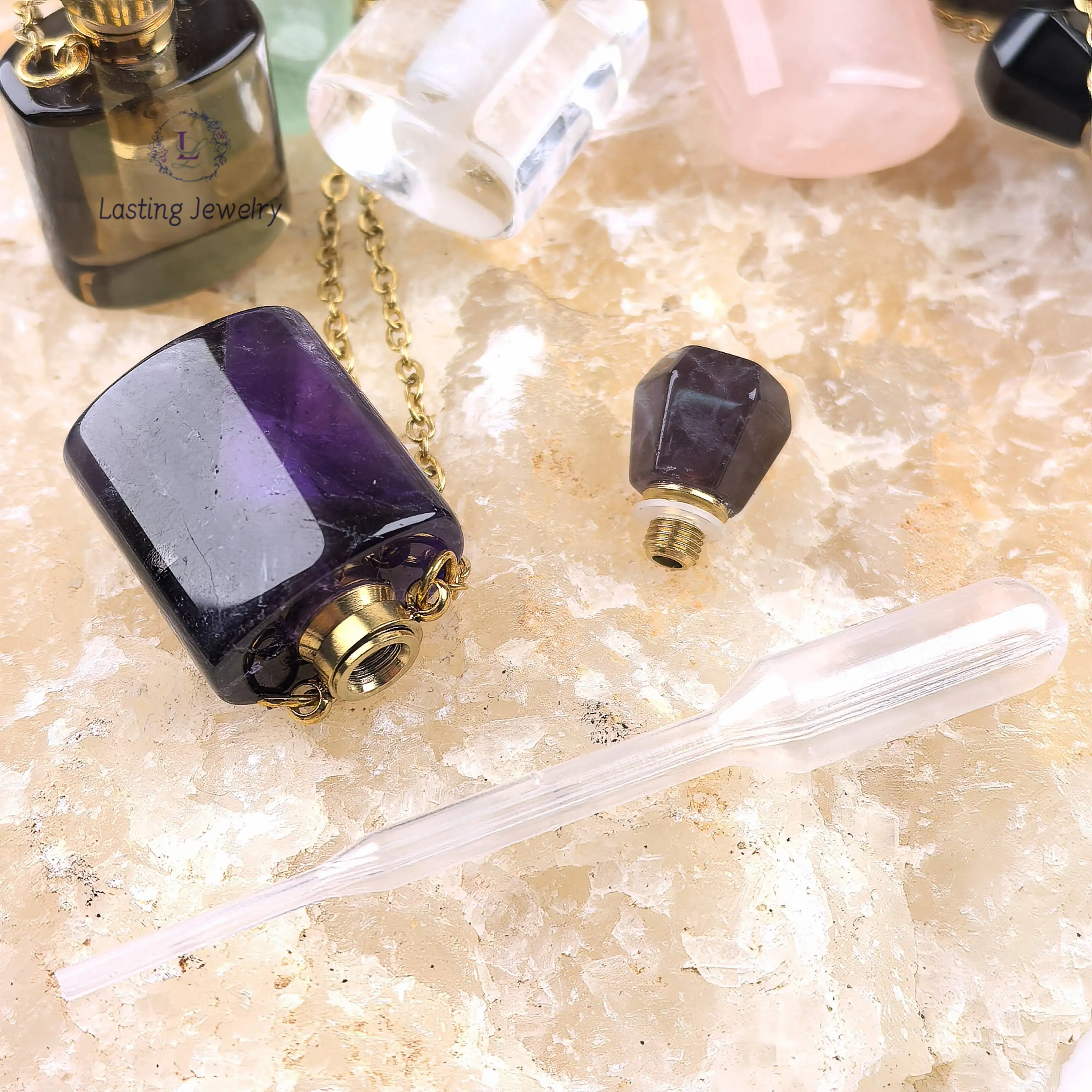 Healing Crystal Green Fluorite Perfume Bottle Pendant Necklace,Obsidian Quartz Essential Oil Diffuser Vial Charms Women Jewelry