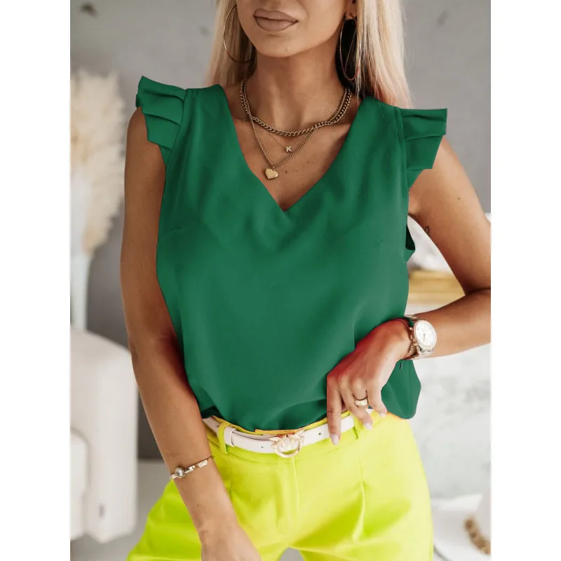 Orange Casual Blouse for Women New Fashion Ruffles V Neck Pleated Splicing Summer Crop Top White Office Lady Shirts Blusas