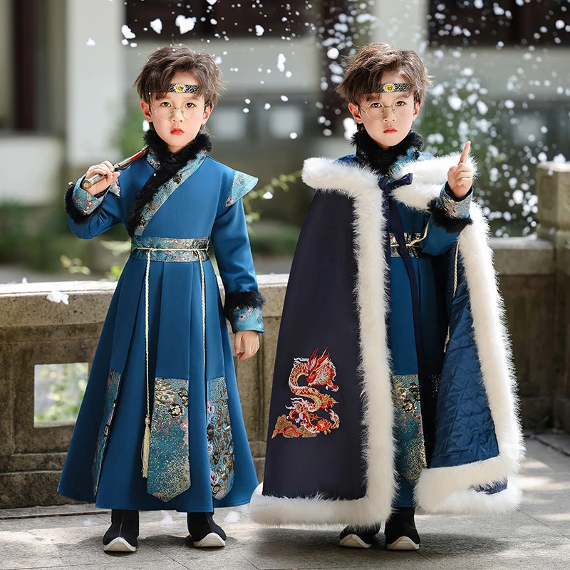 

2026 Winter New Boys Hanfu With Cloak Young Masters Stage Outfit Chinese Robe Baby Tang Suit Children Ancient Chinese Kids