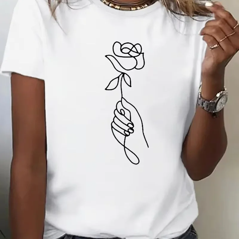 Aesthetic Line Art Rose Tee  Minimalist Hand Holding Flower T-Shirt for Women, Dainty Botanical Graphic Top