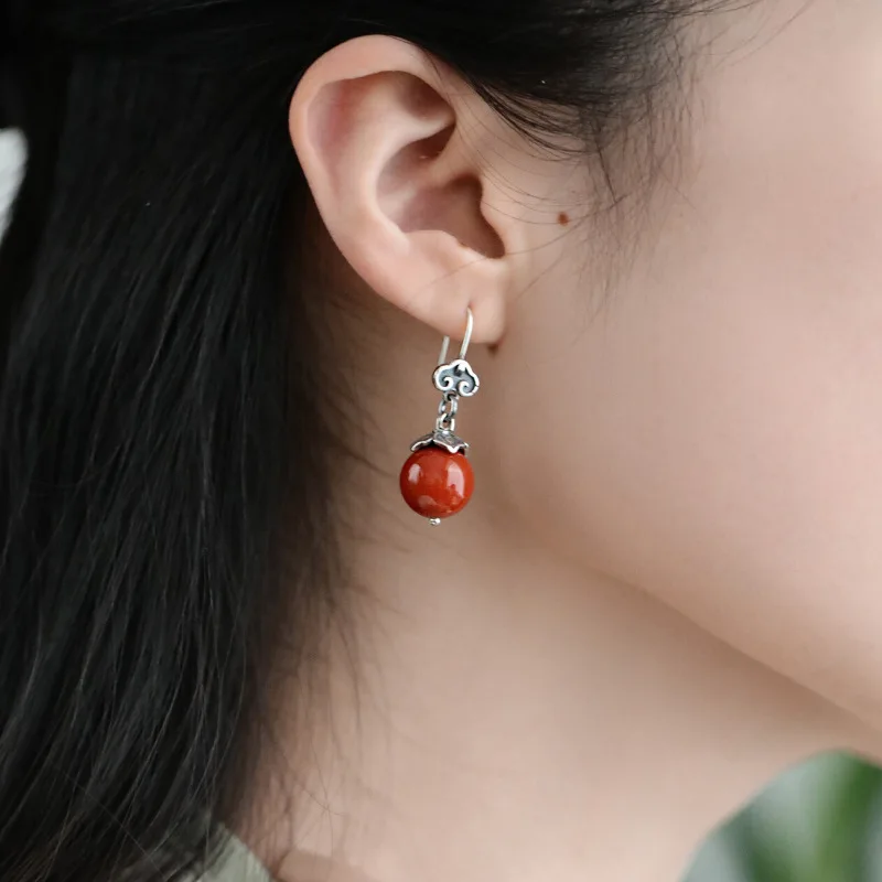 PANJBJ 925 Sterling Silver Red Agate Earrings For Women Circular Retro Ethnic Cloud Versatile Jewelry Birthday Gift Dropshipping view 5