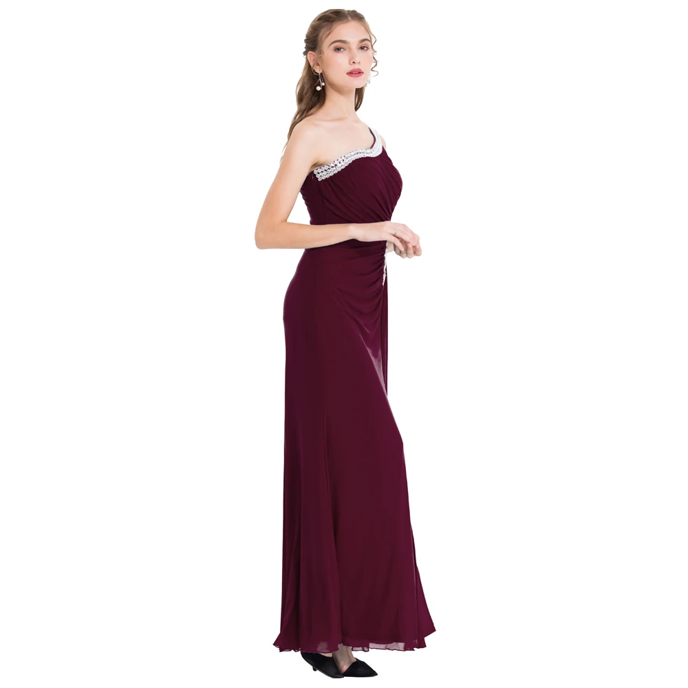 Wedding Guest Gown Angel-fashions One Shoulder Split Evening Dress Long Pleated Beading Formal Party Gown Wine Red 411