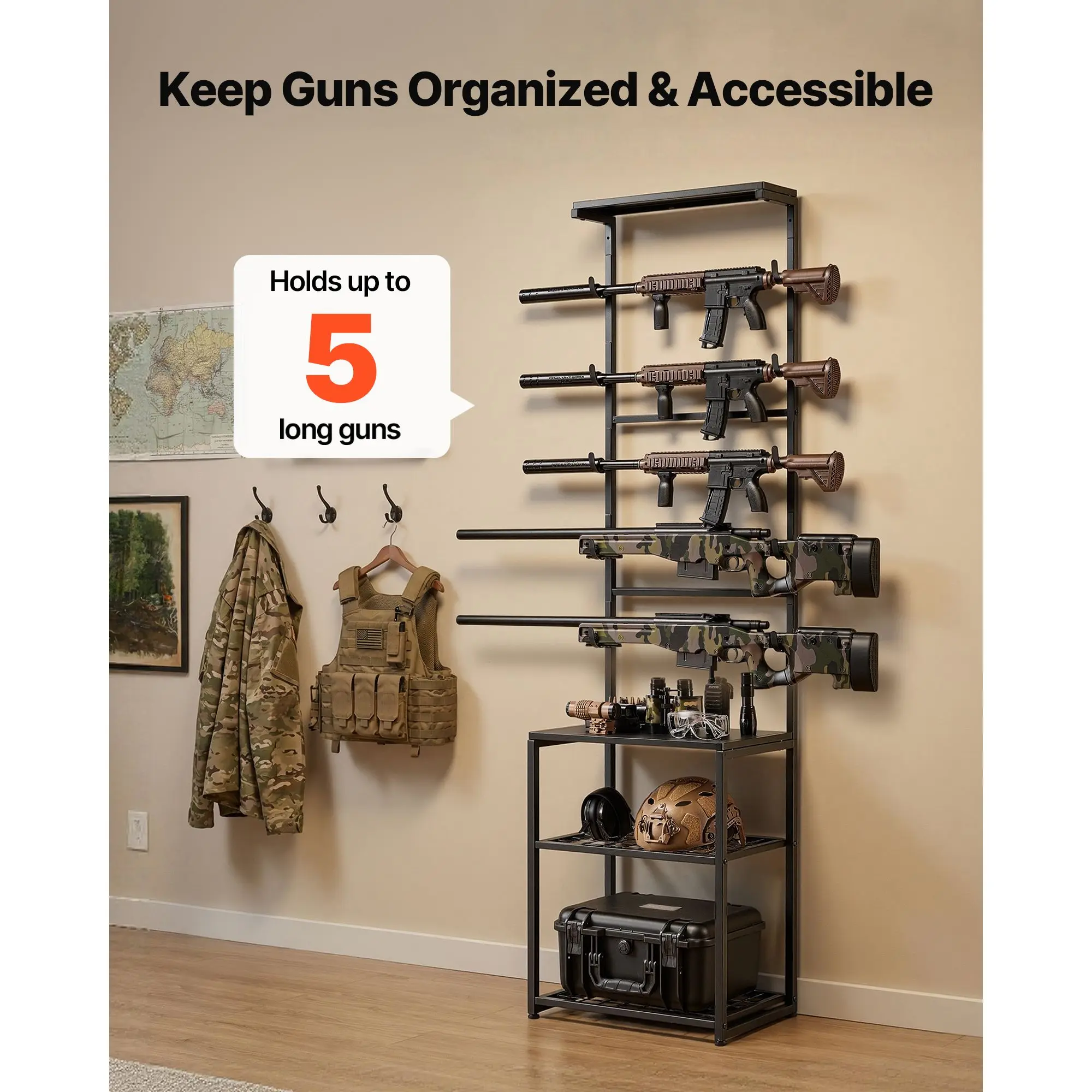 Gun Rack, Floor Standing, Indoor Rifle Shotgun with Storage Shelf, for Wall Mount Display, Holds up to 5, Heavy Duty Steel, Home