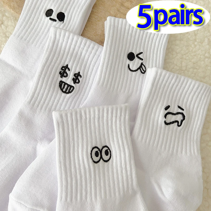 5pairs/set Summer Funny Mood Expression White Socks Women Girls Simple Cotton Soft Solid Spring Sport Middle Tube Short Sock