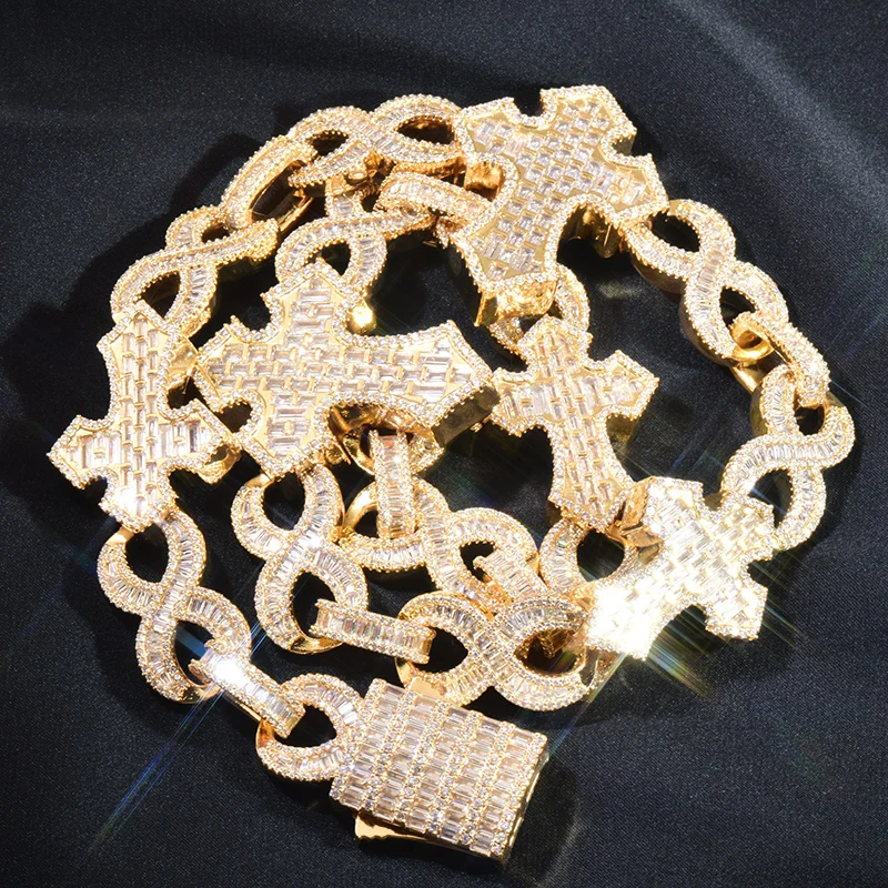 Hip Hop 5A+ Cubic Zirconia Paved Bling Iced Out Crosses Infinity Link Chain Necklace for Men Rapper Jewelry Gold Silver Color