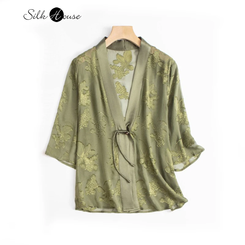 

2025 Women's Fashion Summer New Collection 100% Natural Mulberry Silk Green New Chinese Style Cardigan Sunscreen Coat