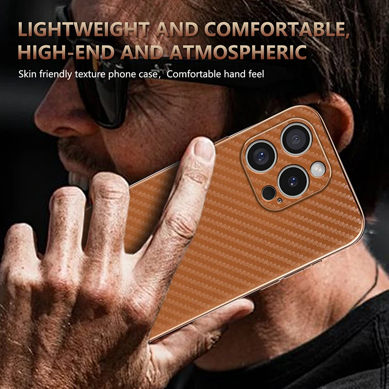 for iPhone 16 15 14 Pro Max Plus Case Carbon Fiber Texture PU Leather Soft Cover Plating Bumper All-round Camera Shell Fundas
