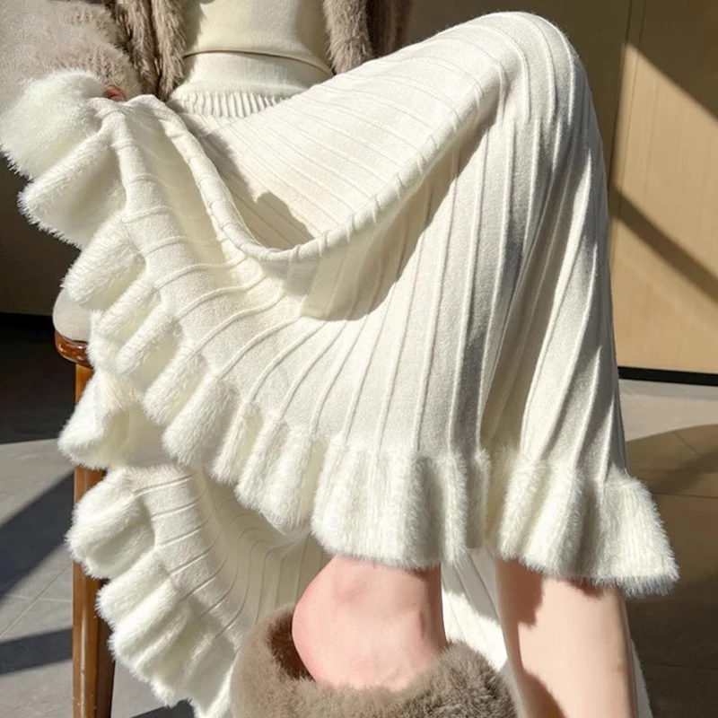 

2025 Faldas Mujer Knitted Women's Skirts High Waist A-line Ruffled Jupe Fashion Casual Korean Saia Solid Color Winter Long Skirt