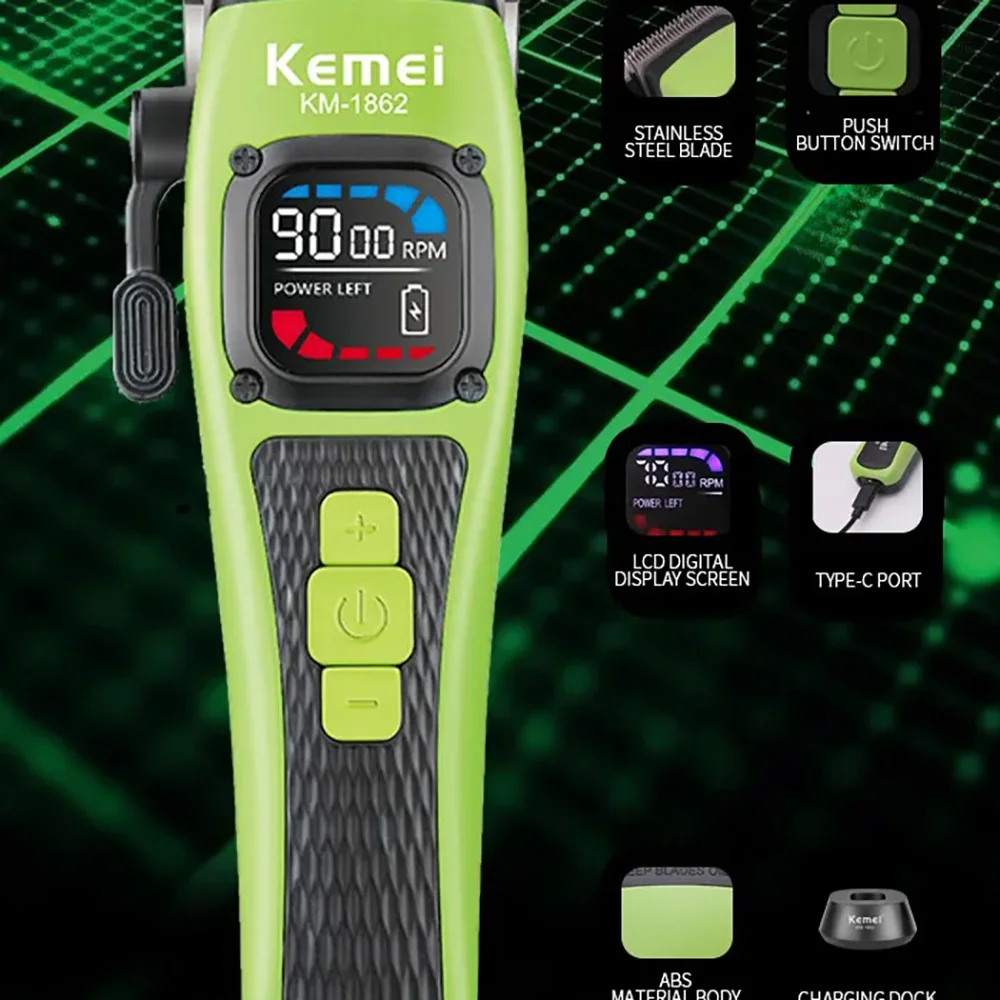 Kemei Professional Barber Hair Clipper Cordless Rechargeable Electric Hair Trimmer Men Hair Cutting Machine Grooming Kit 9000rpm