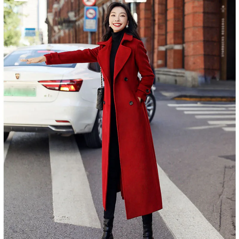 

New Autumn Winter Chic Wool Coat Fashion Loose Mid-Length Belt Double-Breasted Big Red Casual Wool Trenchcoat Women's Overcoat
