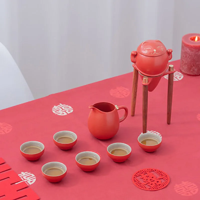 Chinese Ceramic Kungfu Tea Set,Semi-Automatic Teapot with Strainer,Tea Service Set for Wedding, Newlywed Souvenir Gift